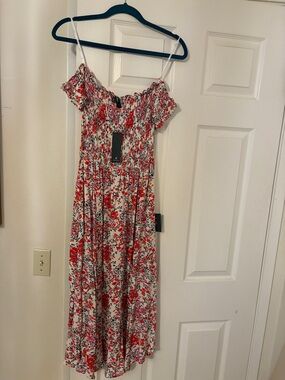 Lulu's White Off-Shoulder Midi Dress with Red and Pink Floral Print